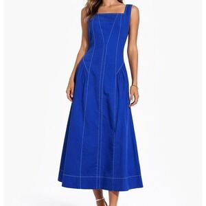 Anthropologie Blue Midi Dress Square Neck Fit Flare Contrast Stitch Size M
